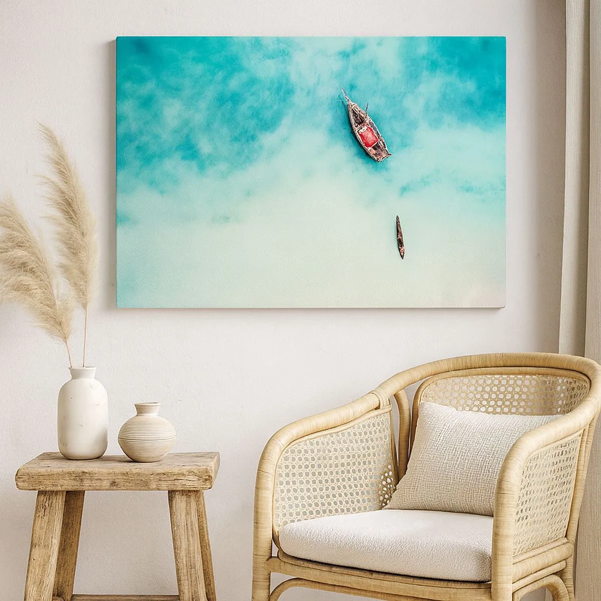 Impression sur toile - Image sur toile - Bateaux sur l'eau turquoise vus à vol d'oiseau - 70x50cm - Car sur les plages de Zanzibar, quand il y a un débordement d'eau... - Décoration murale moderne pour le salon et la chambre ARTTOR