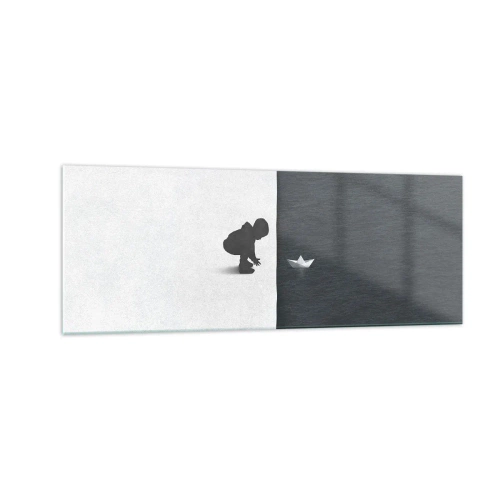 Impression sur verre - Image sur verre - Une figure d'enfant avec un bateau en papier sur un fond de moitiés contrastées - 140x50cm - Grande expédition - Décoration murale moderne pour le salon et la chambre ARTTOR