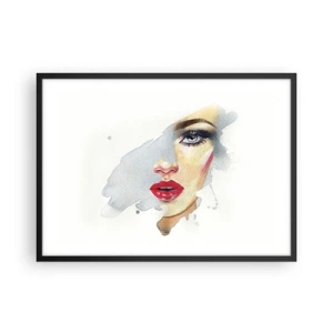 Affiche dans un cadre noir - Poster - Portrait à l'aquarelle d'une femme au regard intense. - 70x50cm - Reflet dans une goutte d'eau - Décoration murale moderne pour le salon et la chambre ARTTOR