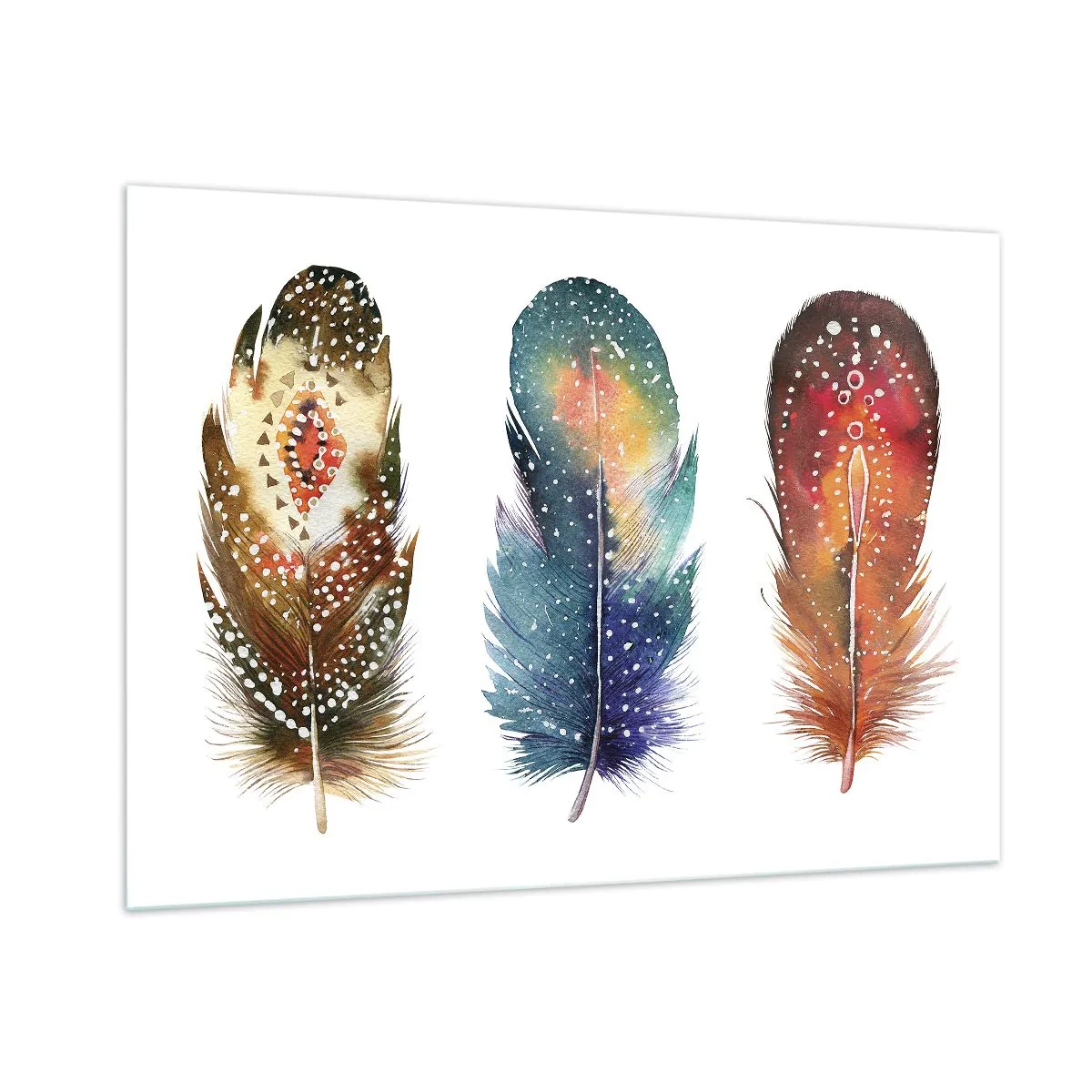 Impression sur verre - Image sur verre - Trois plumes colorées aux motifs ethniques - 100x70cm - Rituels, cérémonies, secrets - Décoration murale moderne pour le salon et la chambre ARTTOR