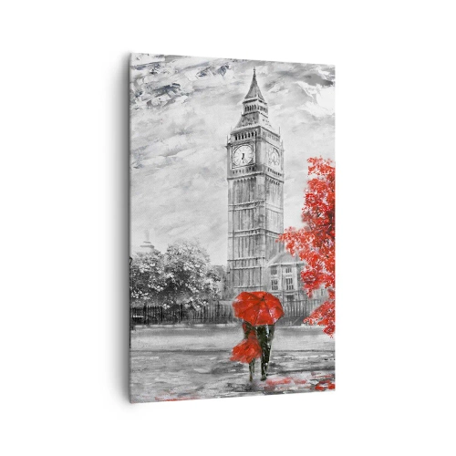 Impression sur toile - Image sur toile - Vue emblématique de Londres avec Big Ben, un bus rouge et un parapluie - 80x120cm - Une journée passionnante - Décoration murale moderne pour le salon et la chambre ARTTOR