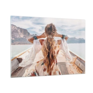 Impression sur verre - Image sur verre - Une femme sur un bateau regardant vers les montagnes et le lac. - 100x70cm - En route vers le bonheur - Décoration murale moderne pour le salon et la chambre ARTTOR