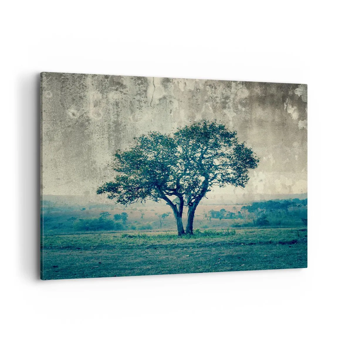 Impression sur toile - Image sur toile - Un arbre solitaire dans un paysage brumeux - 100x70cm - Un pommier sur un champ bleu ? - Décoration murale moderne pour le salon et la chambre ARTTOR