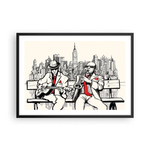 Affiche dans un cadre noir - Poster - Un duo de jazz avec saxophone et guitare sur fond de ville - 70x50cm - improvisation new-yorkaise - Décoration murale moderne pour le salon et la chambre ARTTOR