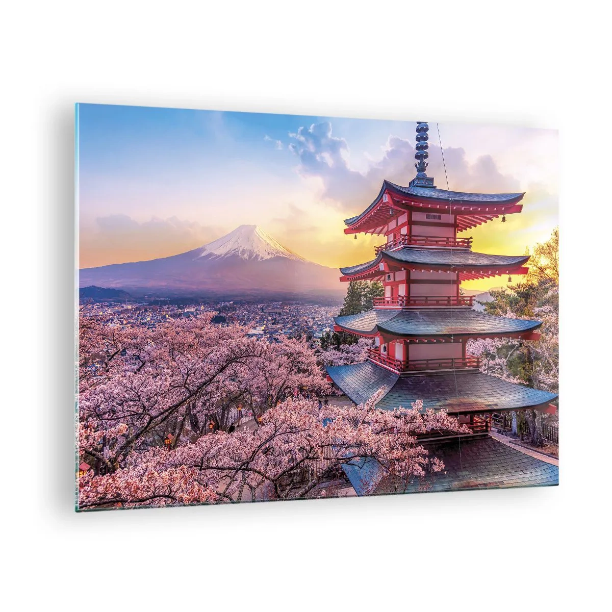 Impression sur verre - Image sur verre - Une pagode dans un paysage japonais surplombant le mont Fuji et des arbres en fleurs - 70x50cm - Essence d'âme japonnaise - Décoration murale moderne pour le salon et la chambre ARTTOR