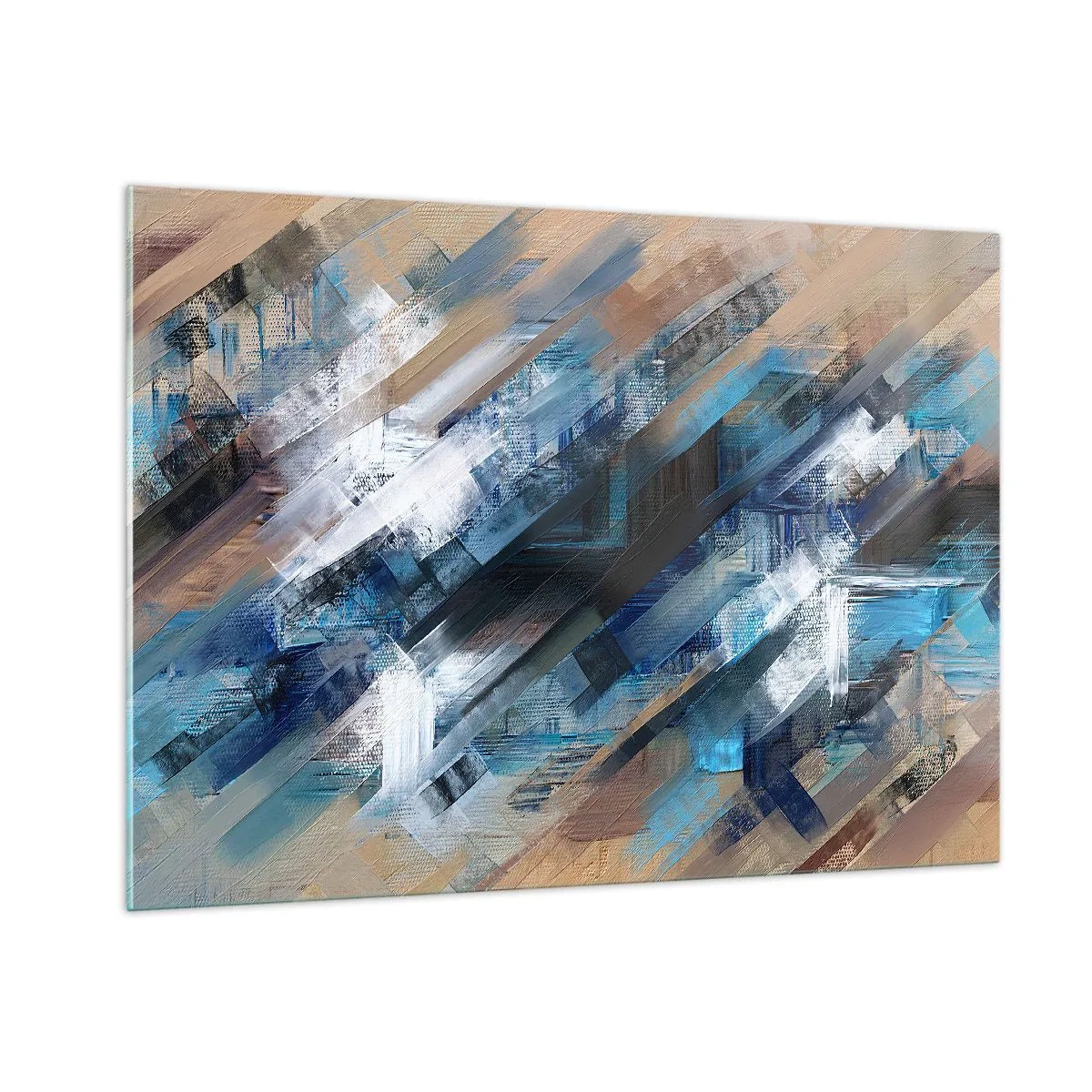 Impression sur verre - Image sur verre - Rayures diagonales abstraites dans les tons de bleu, blanc et beige - 100x70cm - Diagonale de bleus - Décoration murale moderne pour le salon et la chambre ARTTOR