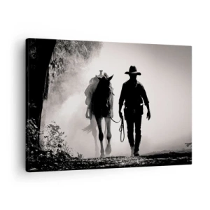Impression sur toile - Image sur toile - Cowboy avec cheval dans le brouillard matinal - 70x50cm - Matinée texane - Décoration murale moderne pour le salon et la chambre ARTTOR