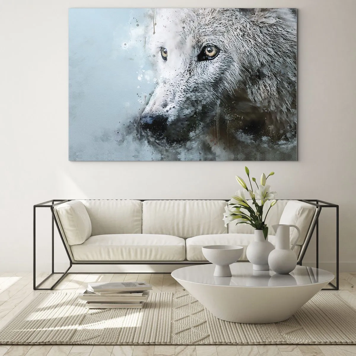 Impression sur verre - Image sur verre - Portrait de loup aux accents artistiques et flous dans des tons de bleu - 100x70cm - Rencontrez l'âme du loup - Décoration murale moderne pour le salon et la chambre ARTTOR
