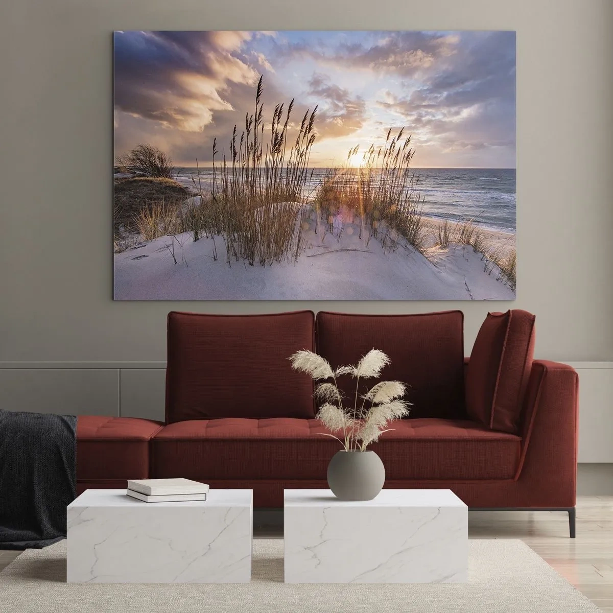 Impression sur verre - Image sur verre - Coucher de soleil sur la mer vu à travers les herbes du bord de mer - 120x80cm - Salutations du soleil et du vent - Décoration murale moderne pour le salon et la chambre ARTTOR