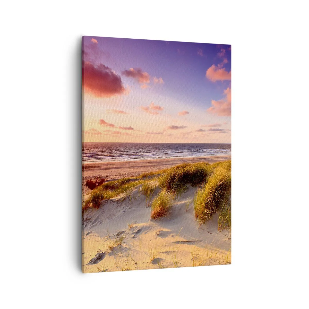 Impression sur toile - Image sur toile - Une plage herbeuse et un coucher de soleil sur une mer calme - 50x70cm - L'air sent déjà l'été - Décoration murale moderne pour le salon et la chambre ARTTOR