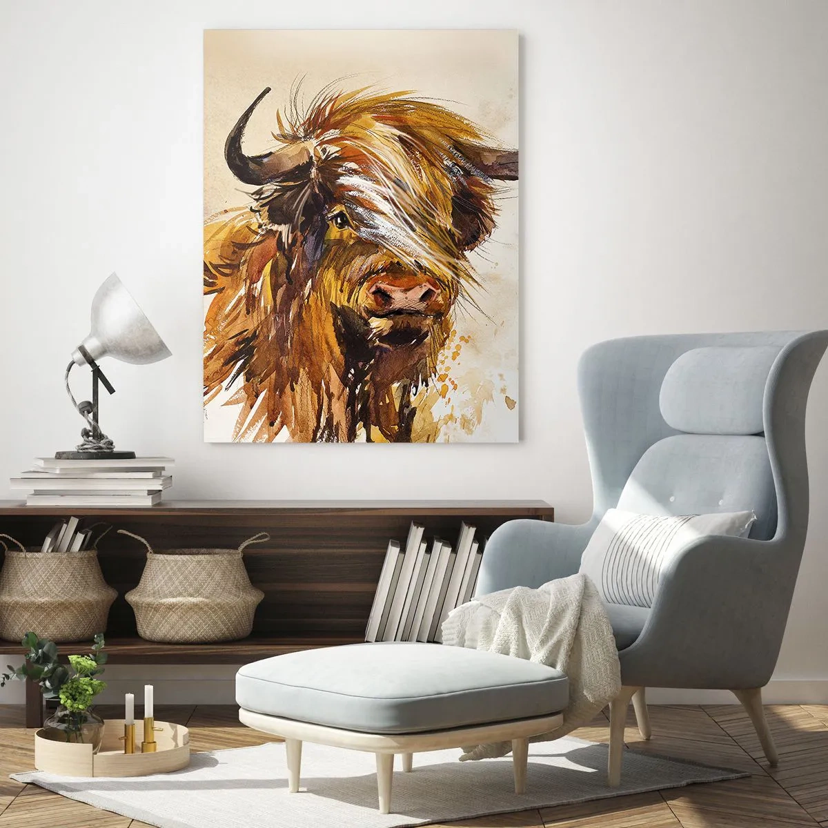 Impression sur verre - Image sur verre - Illustration à l'aquarelle d'un taureau écossais à poil long - 50x70cm - Fierté du chasseur - Décoration murale moderne pour le salon et la chambre ARTTOR