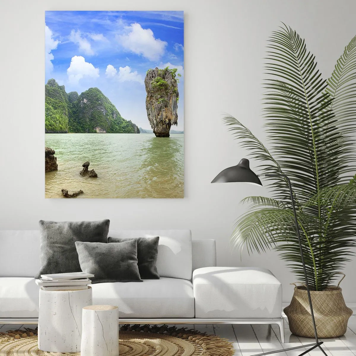 Impression sur verre - Image sur verre - Un rocher dans l'eau entouré d'îles tropicales - 50x70cm - Merveilles rocheuses de la nature - Décoration murale moderne pour le salon et la chambre ARTTOR
