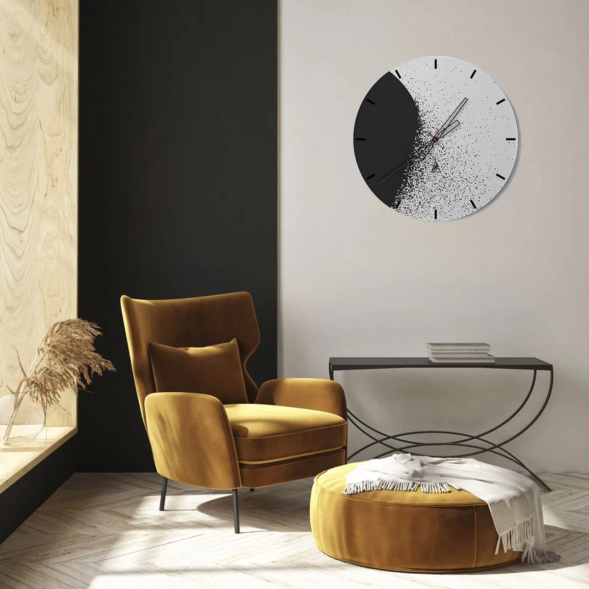 Horloge murale - Pendule murale - Motif abstrait noir et blanc avec des points dispersés - 30x30cm - Mouvement des molécules - Décoration murale moderne pour le salon, la cuisine et la chambre ARTTOR