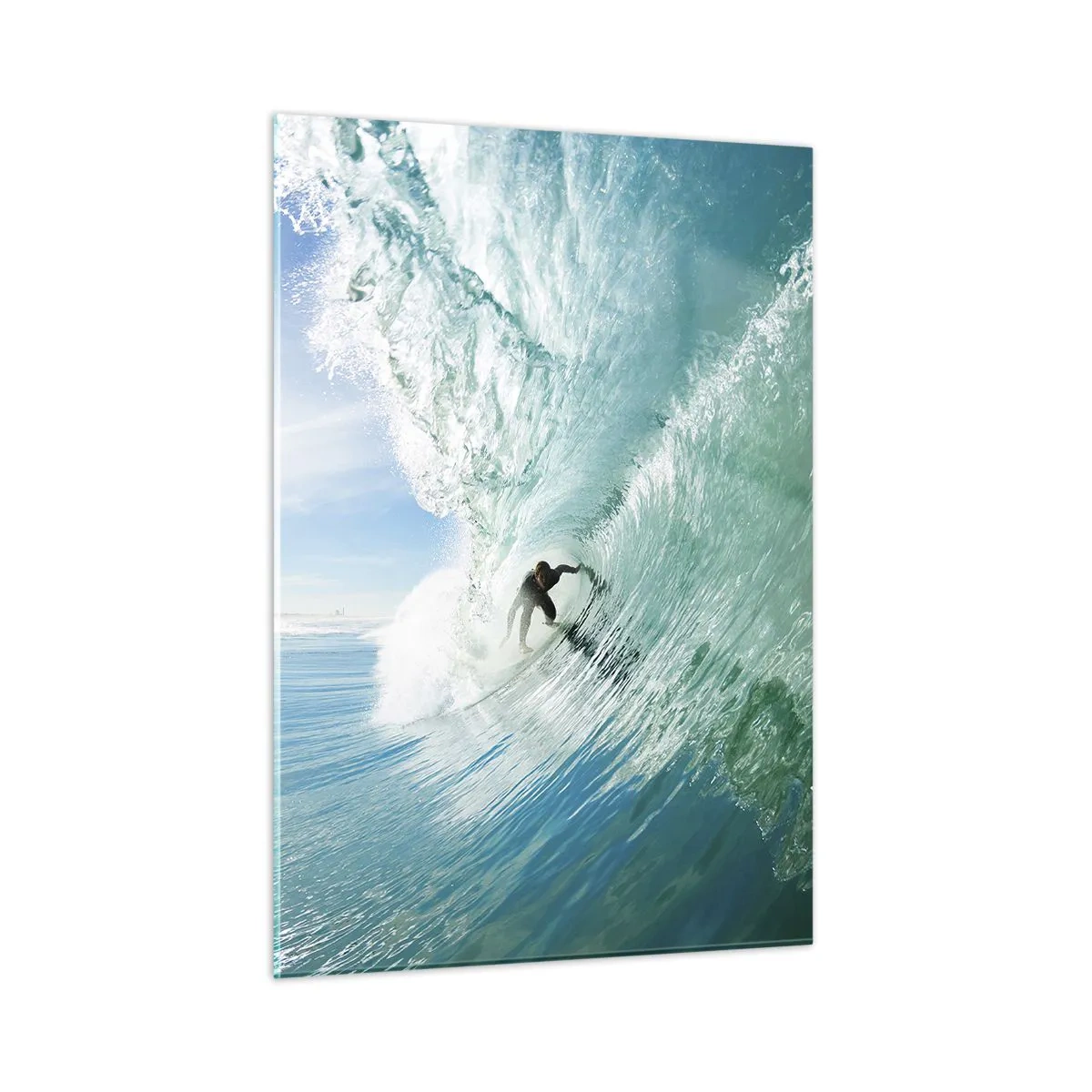 Impression sur verre - Image sur verre - Un surfeur chevauchant une vague contre un ciel bleu - 50x70cm - Toujours sur la vague - Décoration murale moderne pour le salon et la chambre ARTTOR