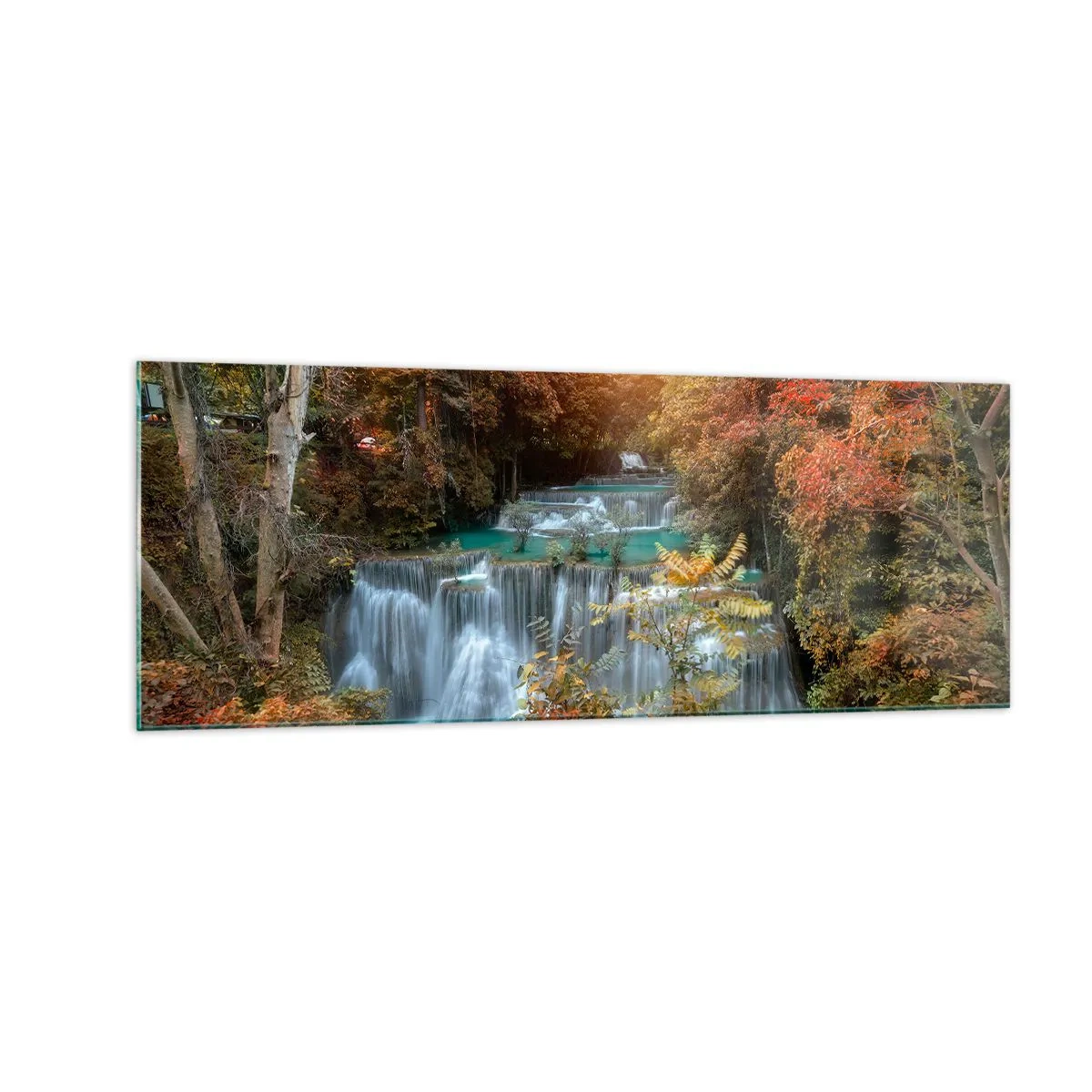 Impression sur verre - Image sur verre - Cascade d'automne entourée d'arbres colorés au soleil - 140x50cm - Trésor caché de la forêt - Décoration murale moderne pour le salon et la chambre ARTTOR
