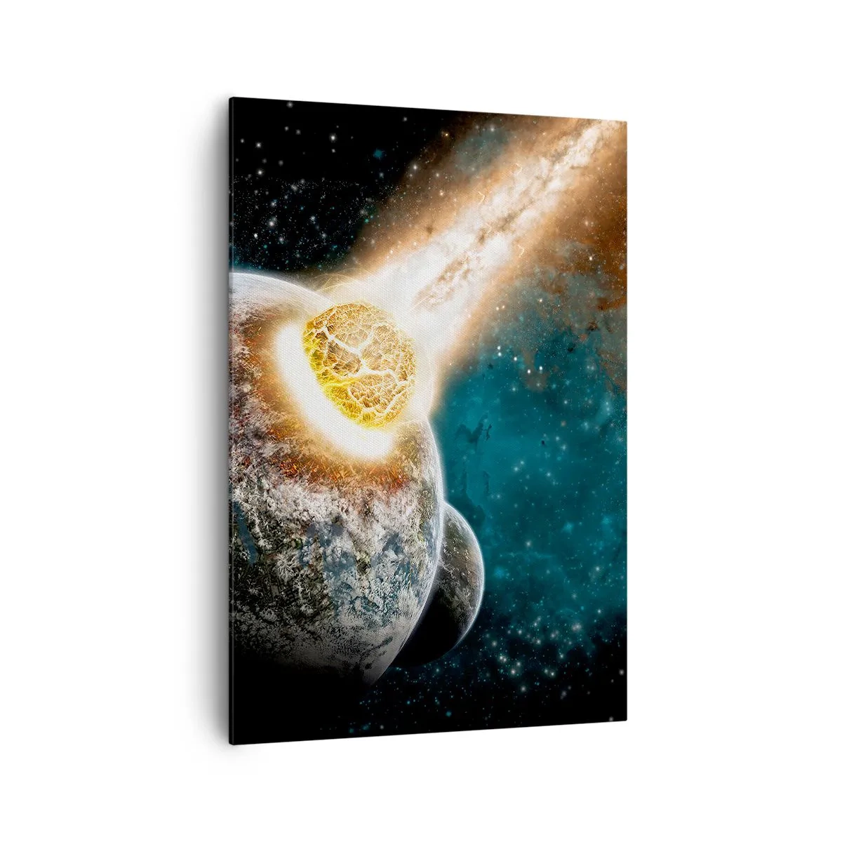 Impression sur toile - Image sur toile - Collision cosmique d'une planète avec un astéroïde à proximité de la galaxie. - 70x100cm - Destruction ou naissance? - Décoration murale moderne pour le salon et la chambre ARTTOR