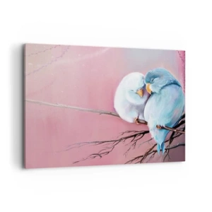 Impression sur toile - Image sur toile - Deux oiseaux amoureux sur une branche sur fond rose - 100x70cm - Que dire de plus?... - Décoration murale moderne pour le salon et la chambre ARTTOR