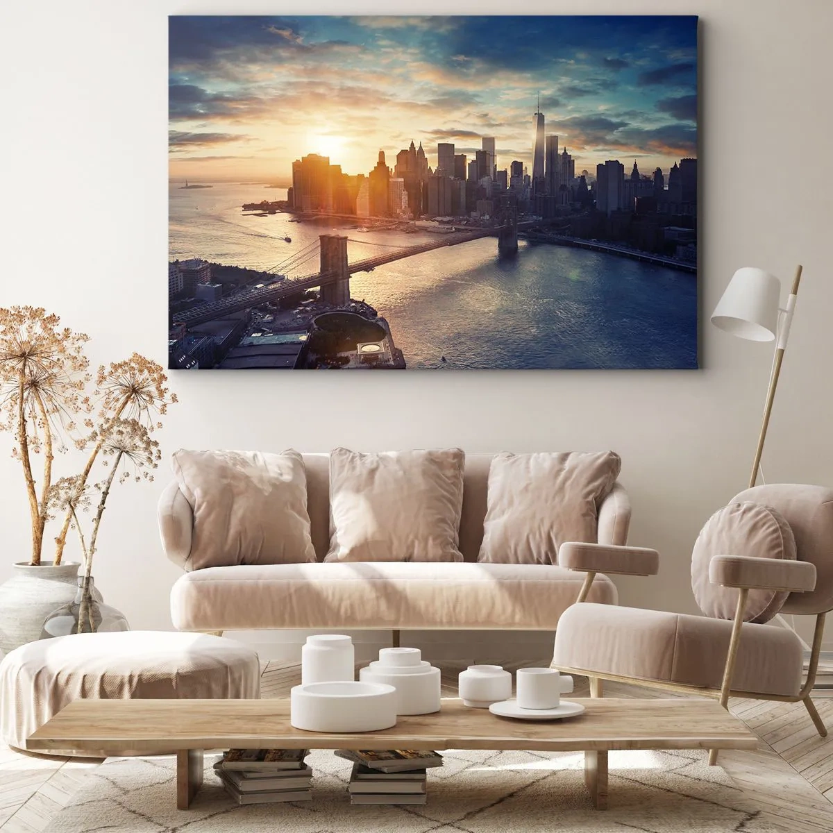 Impression sur toile - Image sur toile - Panorama de la ville avec le pont et la rivière à la lumière du soleil couchant - 70x50cm - Monument de la culture occidentale - Décoration murale moderne pour le salon et la chambre ARTTOR