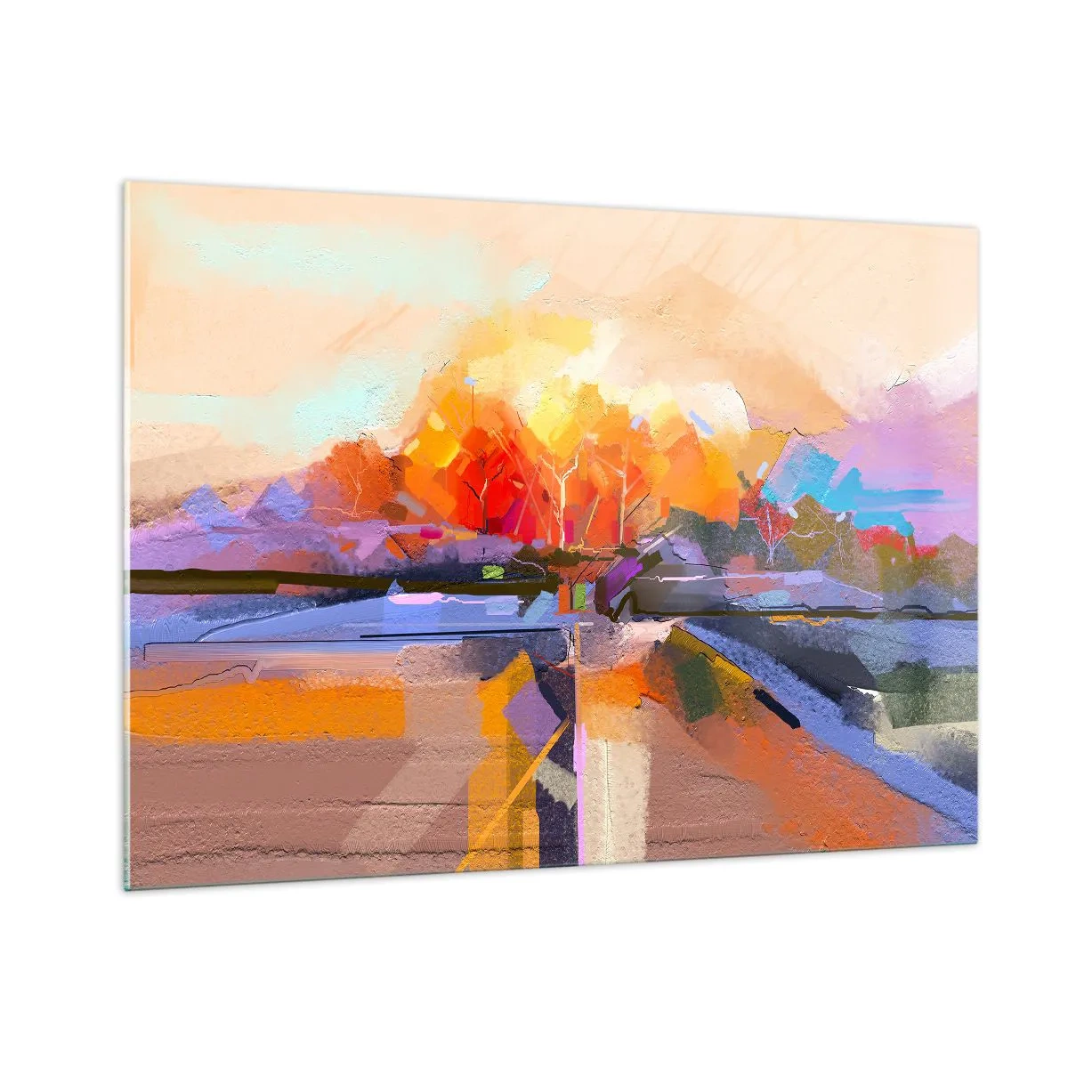 Impression sur verre - Image sur verre - Paysage abstrait avec un coucher de soleil et des champs colorés - 100x70cm - L'automne est arrivé - Décoration murale moderne pour le salon et la chambre ARTTOR