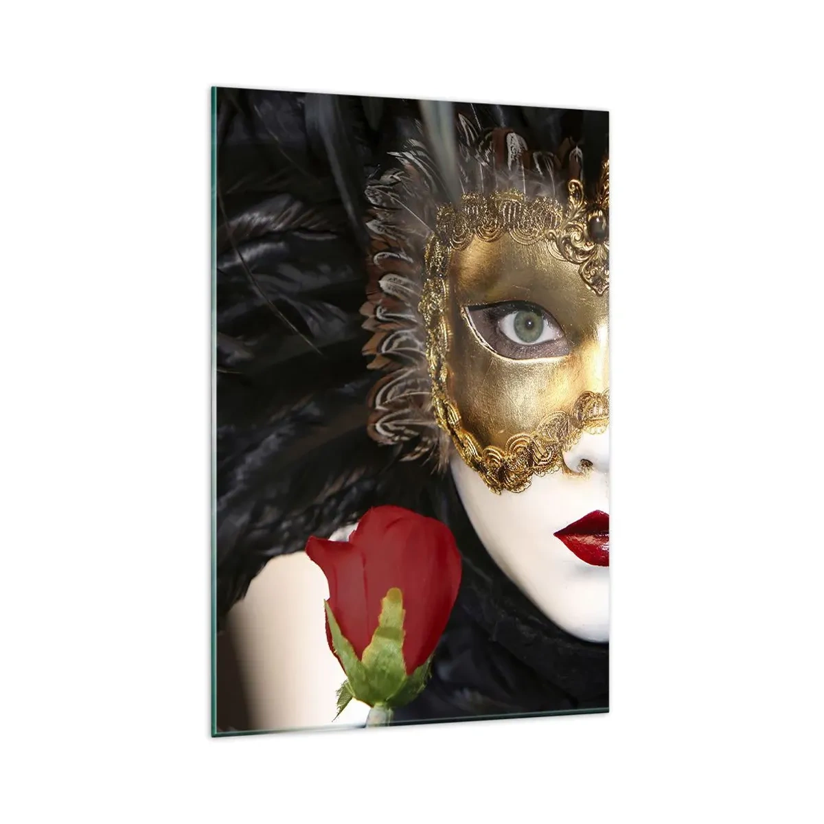 Impression sur verre - Image sur verre - Masque vénitien doré avec plumes et rose rouge, motif mystérieux. - 80x120cm - Parce que la vie est un grand bal - Décoration murale moderne pour le salon et la chambre ARTTOR