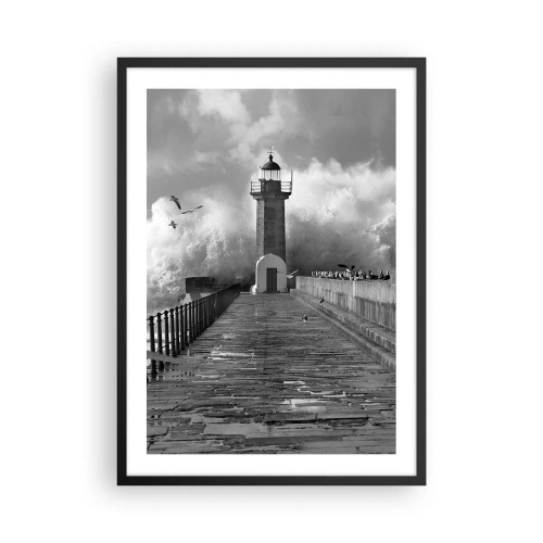 Affiche dans un cadre noir - Poster - Un phare noir et blanc entouré de vagues - 50x70cm - Sans peur - Décoration murale moderne pour le salon et la chambre ARTTOR