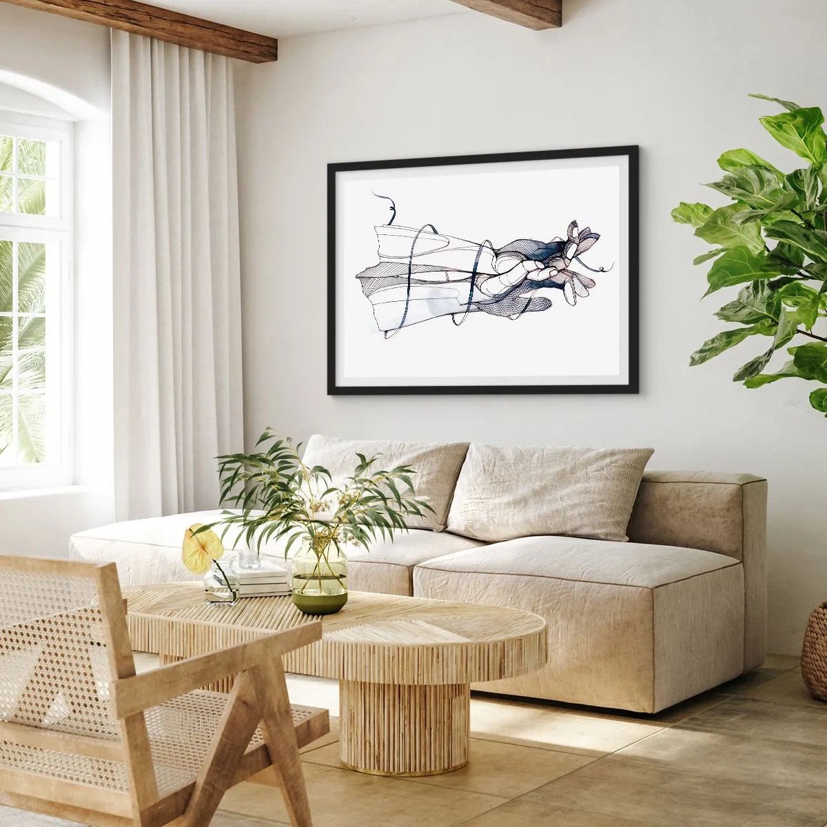 Affiche dans un cadre noir - Poster - Un dessin subtil d'une main avec une fleur délicate - 100x70cm - Étude du touché - Décoration murale moderne pour le salon et la chambre ARTTOR