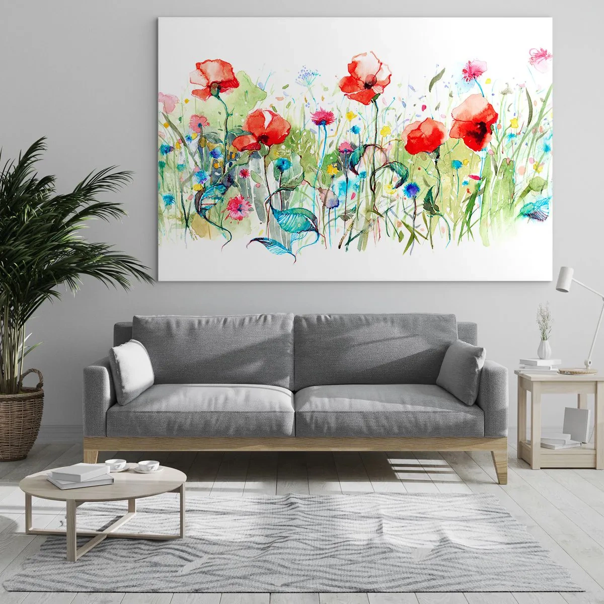 Impression sur verre - Image sur verre - Coquelicots colorés et fleurs sauvages dans un style aquarelle - 100x70cm - Prairie de fleurs en mai - Décoration murale moderne pour le salon et la chambre ARTTOR