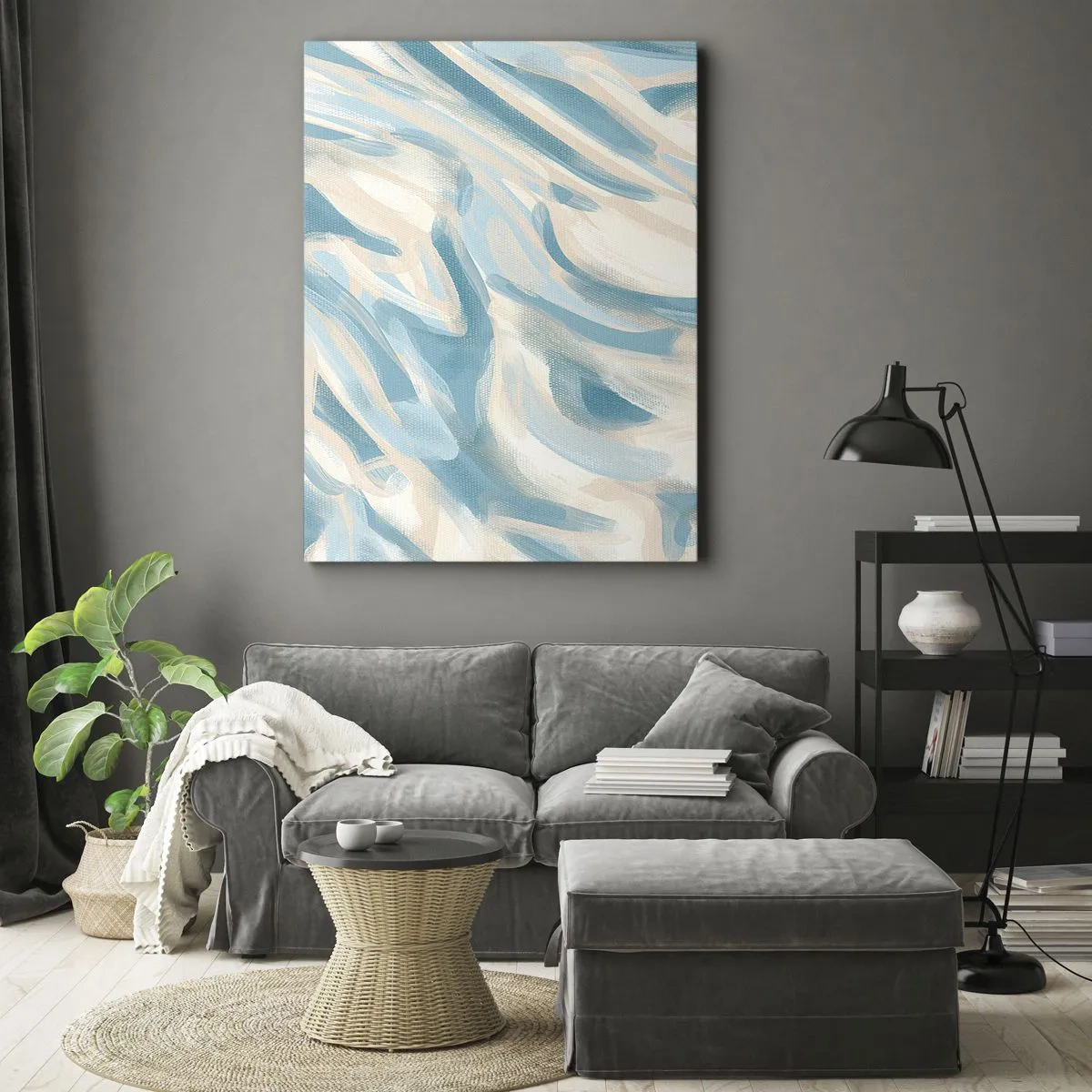 Impression sur toile - Image sur toile - Des stries bleues abstraites sur un fond clair - 50x70cm - Brise printanière - Décoration murale moderne pour le salon et la chambre ARTTOR