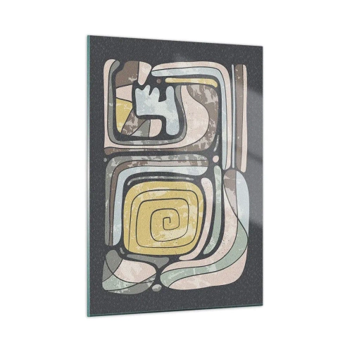 Impression sur verre - Image sur verre - Abstraction géométrique dans des tons terreux sur fond noir - 50x70cm - L'abstraction dans l'esprit précolombien - Décoration murale moderne pour le salon et la chambre ARTTOR