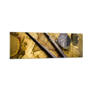 Impression sur verre - Image sur verre - Une carte du monde antique avec une boussole et un compas en arrière-plan - 160x50cm - Où sont ces trésors? - Décoration murale moderne pour le salon et la chambre ARTTOR