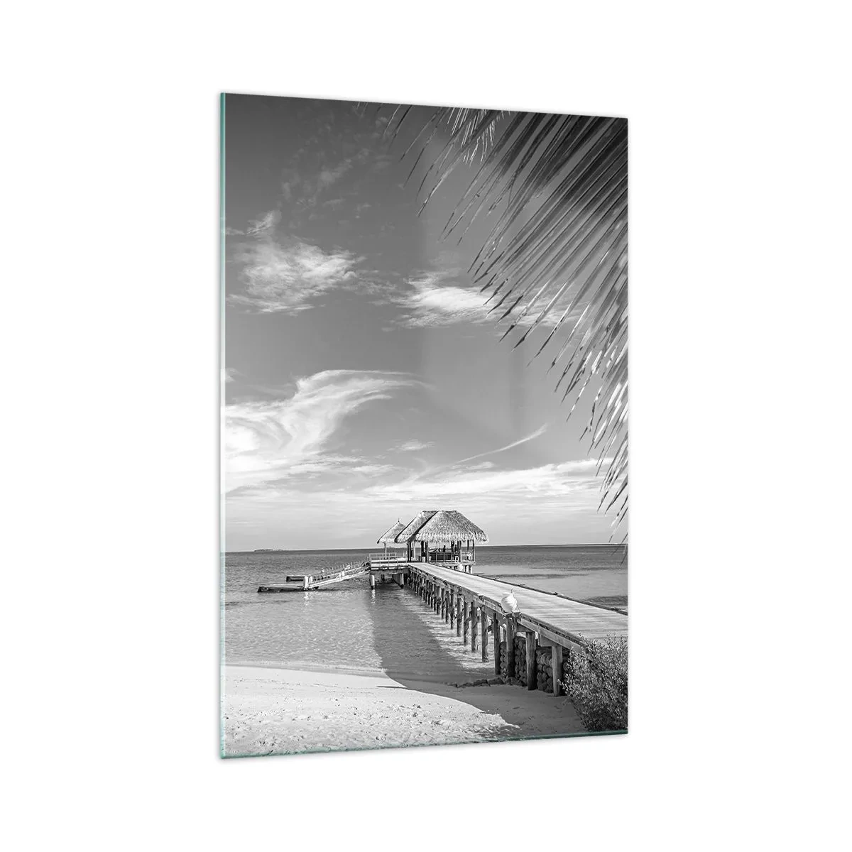 Impression sur verre - Image sur verre - Plage noire et blanche avec jetée et palmiers sur une côte tropicale - 70x100cm - Souvenirs ou rêve? - Décoration murale moderne pour le salon et la chambre ARTTOR