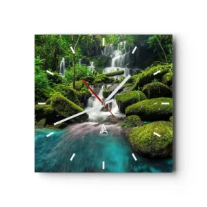 Horloge murale - Pendule murale - Une cascade tropicale entourée de verdure et d'eau turquoise - 30x30cm - Turquoise, saphirs et argent liquide - Décoration murale moderne pour le salon et la chambre ARTTOR
