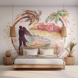 Papier Peint Photo Premium Sand - Couple romantique sur la plage dans un style aquarelle - 100x70cm - Vacances romantiques - Décoration murale moderne pour le salon et la chambre ARTTOR