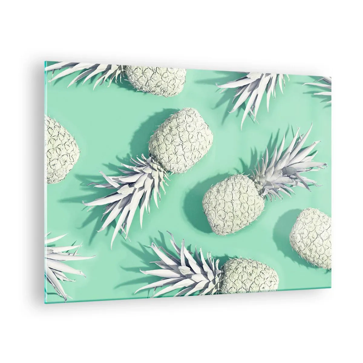 Impression sur verre - Image sur verre - Ananas blancs sur fond menthe dans une composition artistique - 70x50cm - Ils se combinent très bien avec la menthe - Décoration murale moderne pour le salon et la chambre ARTTOR