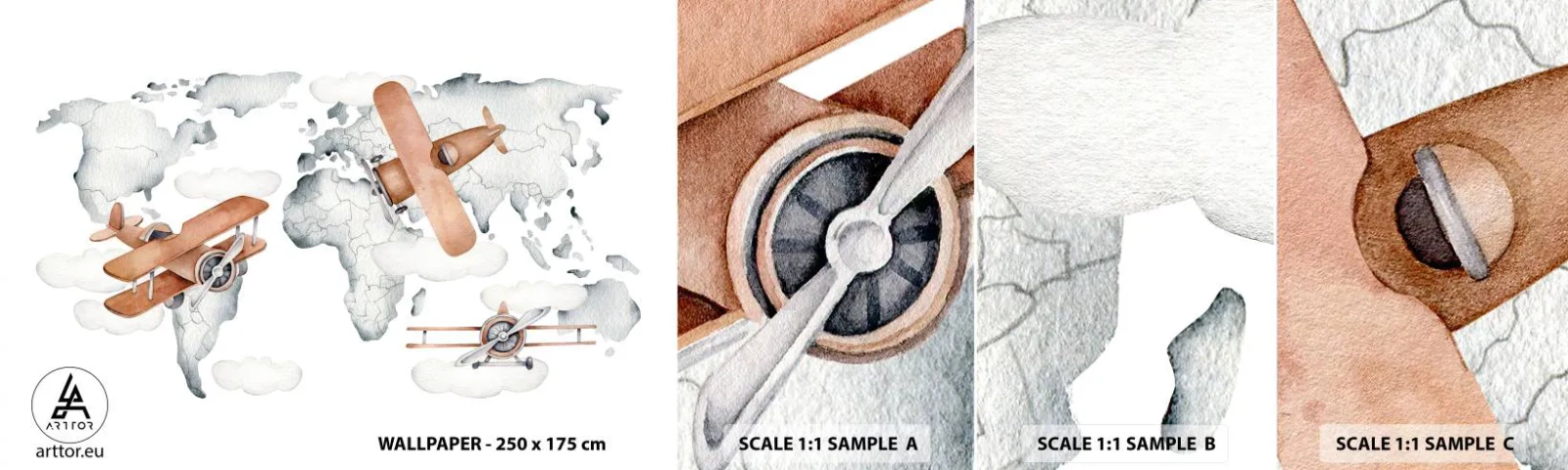 Échantillon de Papier Peint Autocollant Deluxe Sticker - Dans un esprit pionnier - Carte du monde, Avions, Enfants - 100x30 cm