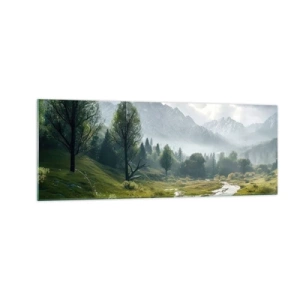 Impression sur verre - Image sur verre - Un paysage de montagne avec une rivière et des arbres entourés de montagnes brumeuses - 140x50cm - Aller et retour - Décoration murale moderne pour le salon et la chambre ARTTOR