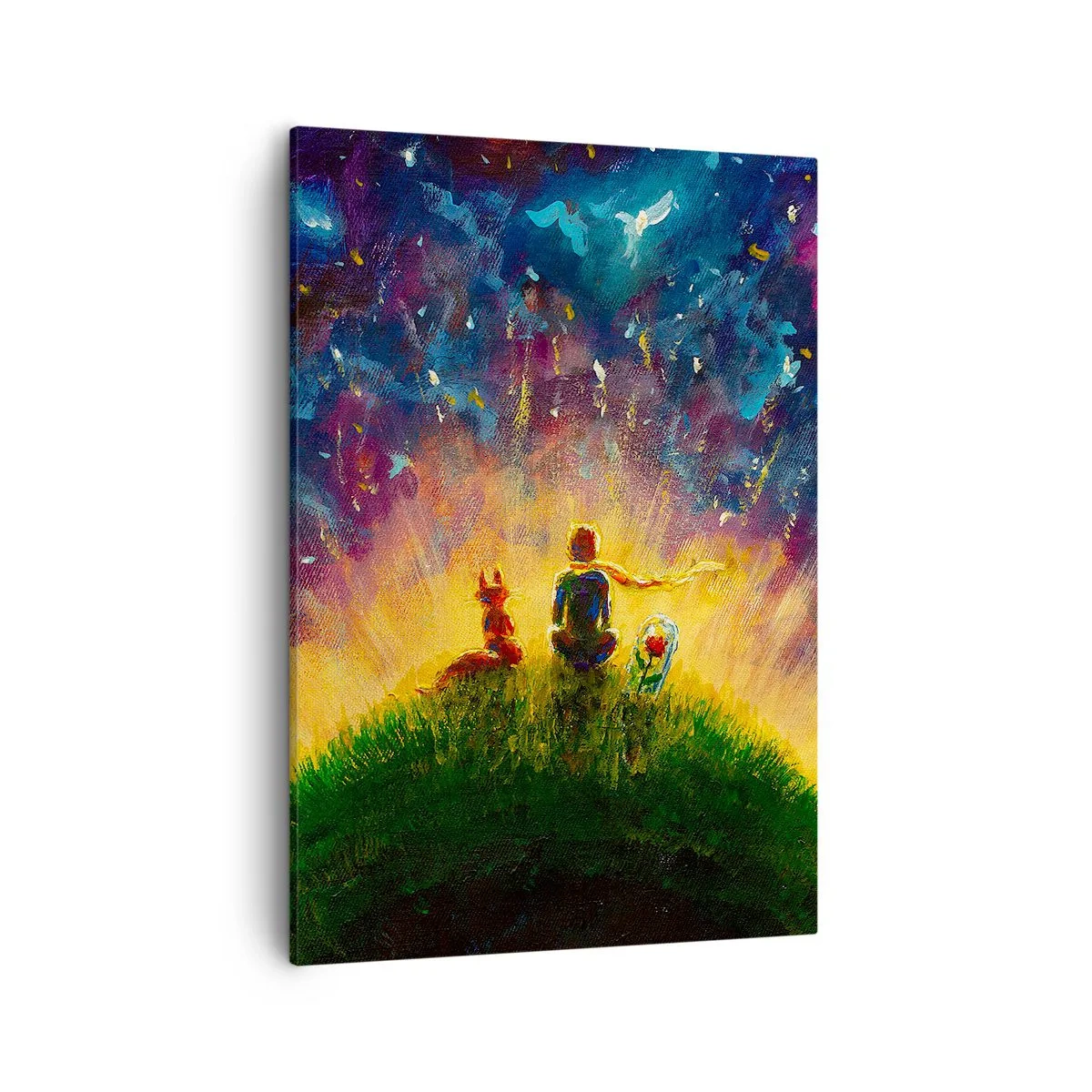 Impression sur toile - Image sur toile - Personnages sur une colline verdoyante entourée d'un ciel étoilé - 50x70cm - Amour et amitié - le monde entier - Décoration murale moderne pour le salon et la chambre ARTTOR
