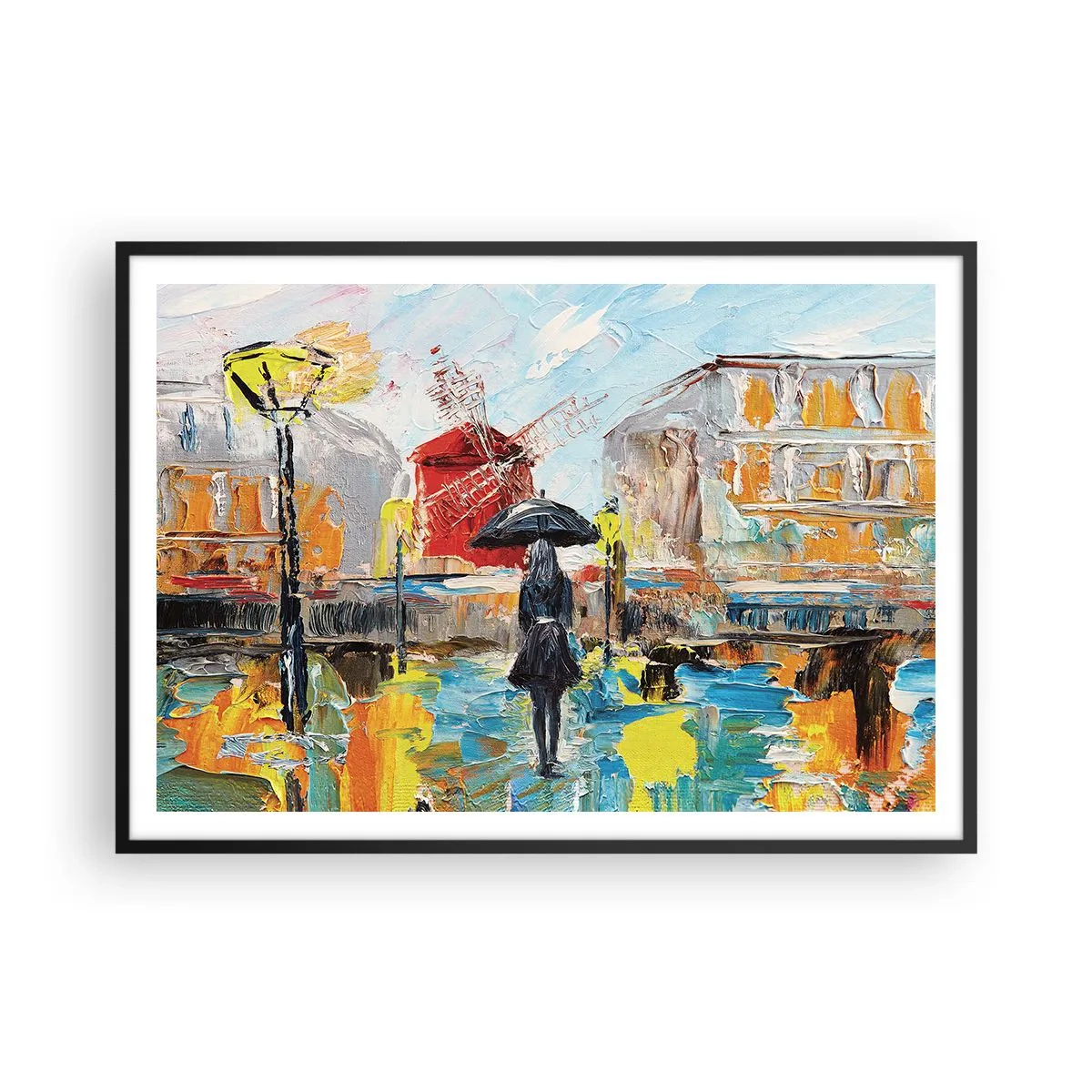 Affiche dans un cadre noir - Poster - Une scène pittoresque avec un parapluie sur fond de Paris aux couleurs vibrantes. - 100x70cm - Légende parisienne - Décoration murale moderne pour le salon et la chambre ARTTOR