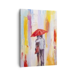 Impression sur toile - Image sur toile - Un couple sous un parapluie rouge avec des bâtiments colorés en arrière-plan. - 50x70cm - Qu'il pleuve encore - Décoration murale moderne pour le salon et la chambre ARTTOR