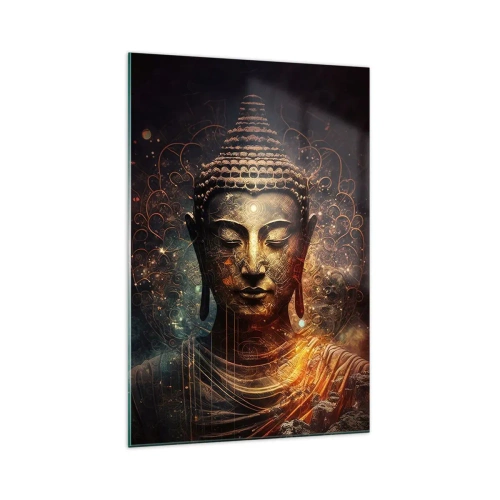 Impression sur verre - Image sur verre - Bouddha doré sur fond sombre avec ornements - 70x100cm - Équilibre spirituel - Décoration murale moderne pour le salon et la chambre ARTTOR