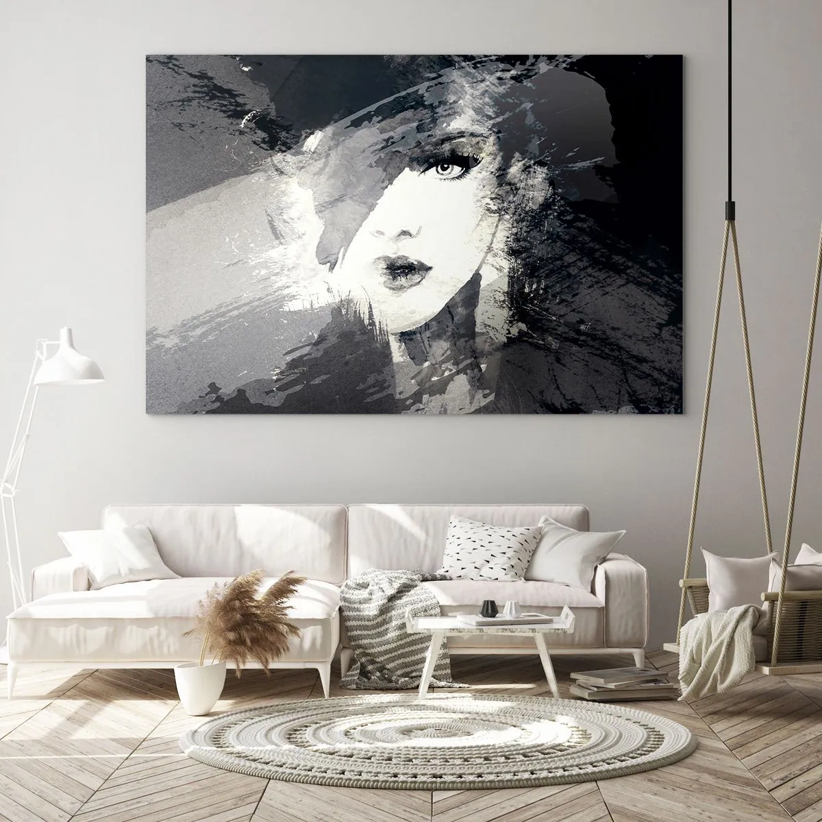 Impression sur verre - Image sur verre - Le visage d'une femme est partiellement recouvert de taches grises abstraites. - 70x50cm - Derrière un voile gris - Décoration murale moderne pour le salon et la chambre ARTTOR