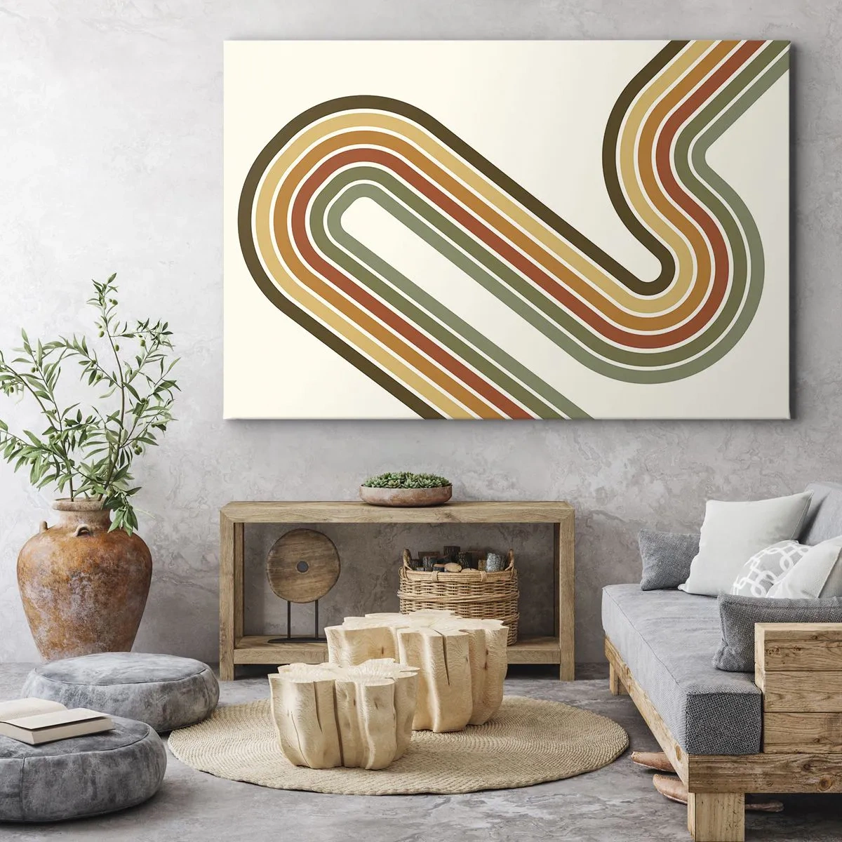 Impression sur toile - Image sur toile - Motif géométrique dans les tons de vert, orange et beige sur fond clair - 70x50cm - En zig zag vers le but - Décoration murale moderne pour le salon et la chambre ARTTOR