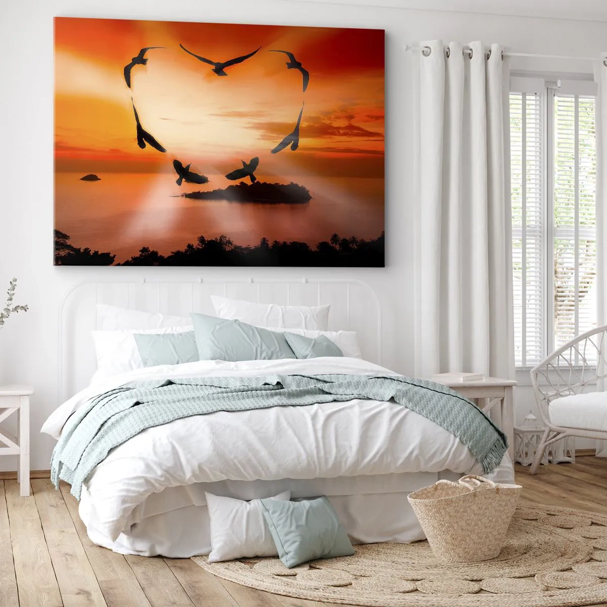 Impression sur toile - Image sur toile - Oiseaux formant un cœur sur fond de soleil couchant - 100x70cm - Aimer le monde comme les oiseaux - Décoration murale moderne pour le salon et la chambre ARTTOR