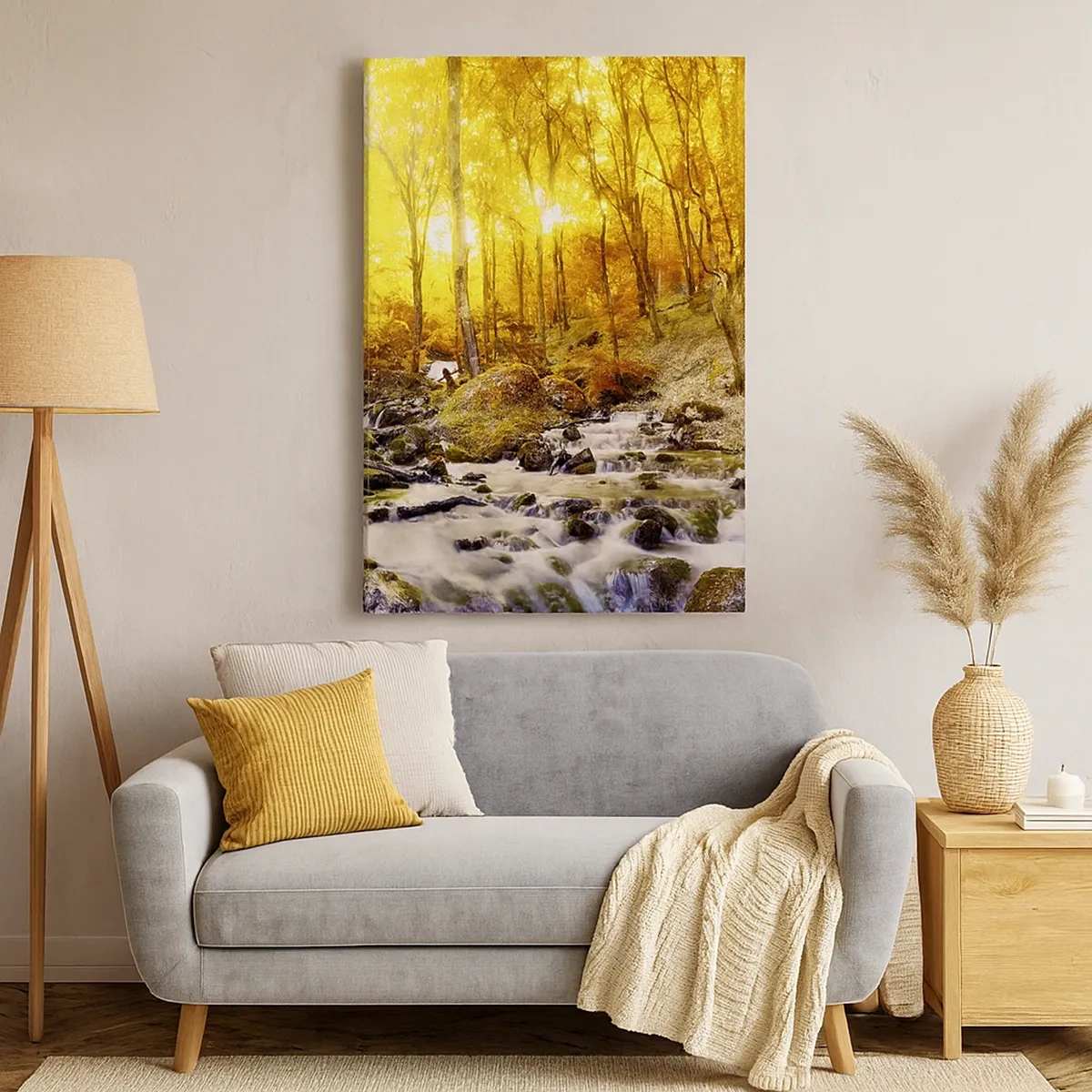 Impression sur toile - Image sur toile - Forêt d'automne avec un ruisseau parmi les feuilles dorées - 50x70cm - Pierres serties d'or et de platine - Décoration murale moderne pour le salon et la chambre ARTTOR