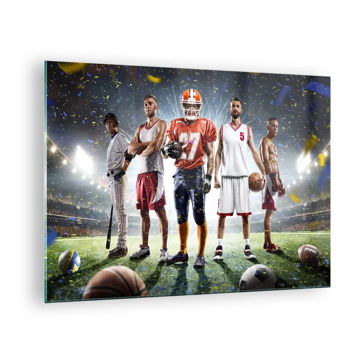 Impression sur verre - Image sur verre - Des athlètes de diverses disciplines dans le stade sous les projecteurs - 70x50cm - Gladiateurs des champs - Décoration murale moderne pour le salon et la chambre ARTTOR