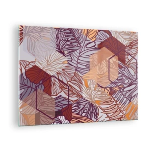 Impression sur verre - Image sur verre - Feuilles graphiques sur fond de formes géométriques - 70x50cm - Relation impossible entre la géométrie et la nature - Décoration murale moderne pour le salon et la chambre ARTTOR
