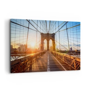 Impression sur toile - Image sur toile - Le pont à la lumière du soleil couchant avec vue sur la ville - 120x80cm - Sur le pont d'or - Décoration murale moderne pour le salon et la chambre ARTTOR