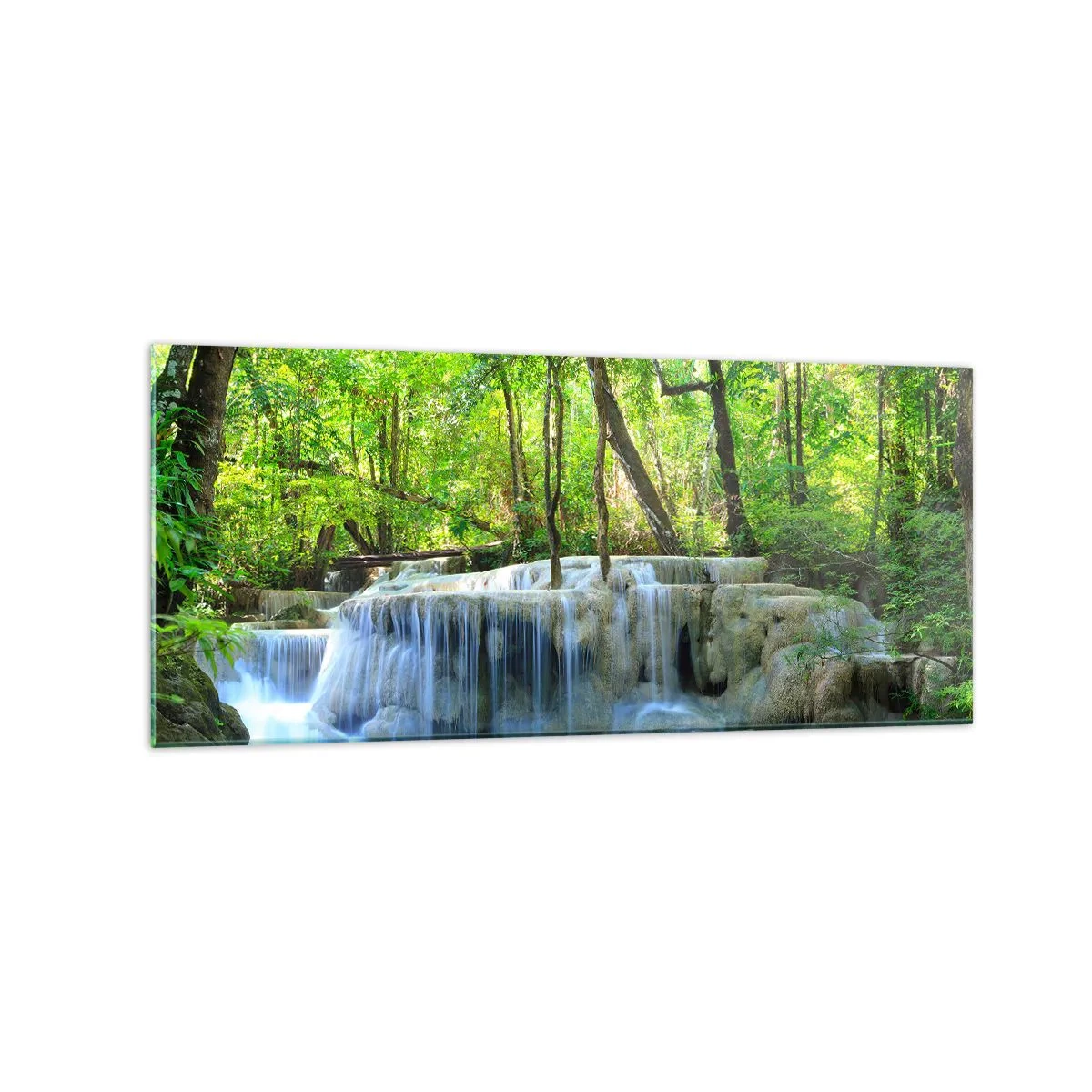 Impression sur verre - Image sur verre - Une cascade parmi des arbres verts avec de l'eau bleue dans un cadre naturel - 120x50cm - Se noyer dans le turquoise et le vert - Décoration murale moderne pour le salon et la chambre ARTTOR