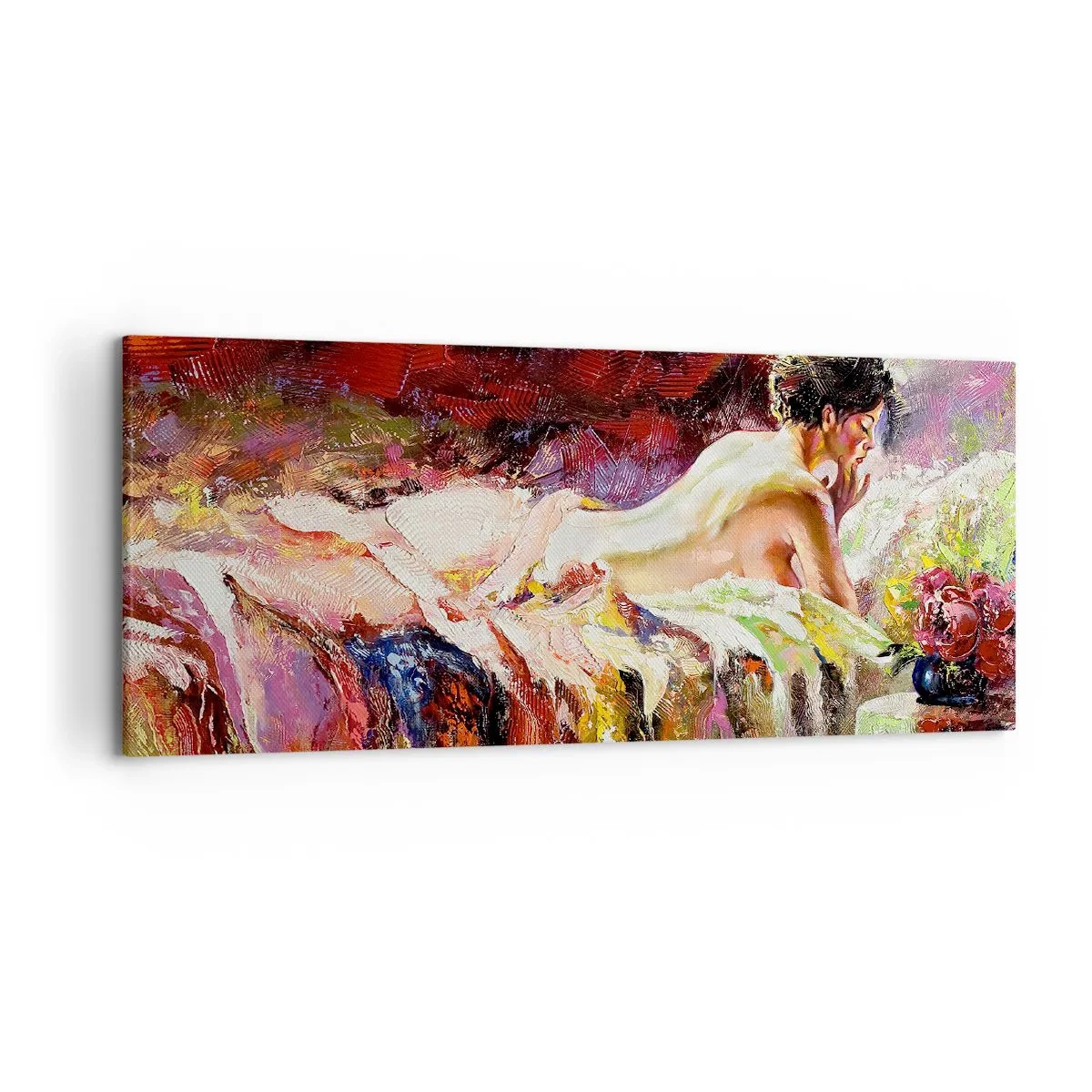 Impression sur toile - Image sur toile - Une femme allongée sur un lit sur un fond de couleurs abstraites. - 120x50cm - Vénus en pensée - Décoration murale moderne pour le salon et la chambre ARTTOR