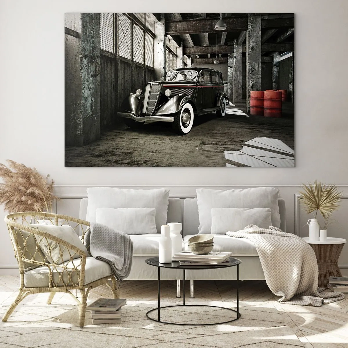 Impression sur verre - Image sur verre - Une voiture ancienne dans un garage élégant - 100x70cm - L'élégance éternelle des années 30 - Décoration murale moderne pour le salon et la chambre ARTTOR